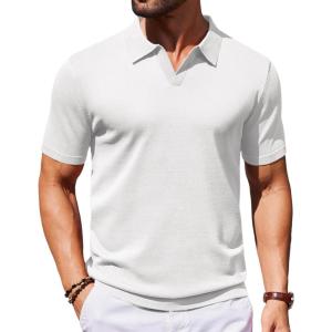 imageCOOFANDY Mens V Neck Short Sleeve Stretch Knit Polo ShirtWhite