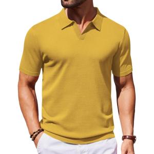 imageCOOFANDY Mens V Neck Short Sleeve Stretch Knit Polo ShirtYellow