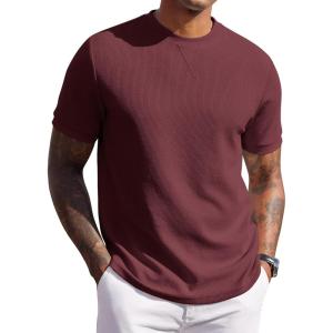 imageCOOFANDY Mens Waffle TShirts Short Sleeve Casual Crew Neck Shirt Cotton Summer Plain Pullover TeesWine Red