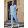 imageCOOFANDY Mens 2 Piece Outfits Casual Summer Beach Textured Button Down Shirt Loose Pants SetLight Blue