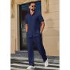 imageCOOFANDY Mens 2 Piece Outfits Casual Summer Beach Textured Button Down Shirt Loose Pants SetNavy Blue