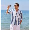 imageCOOFANDY Mens Cotton Linen Henley TShirt Long Sleeve Hippie Casual Beach TShirtsDark Blue Stripes