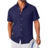 imageCOOFANDY Mens Button Down Shirt Short Sleeve Casual Shirts Linen Textured Summer Beach ShirtsNavy Blue