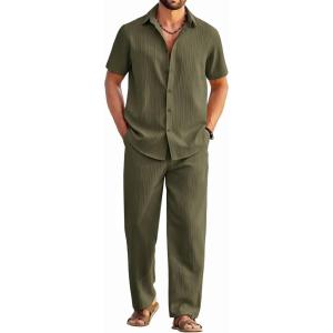 imageCOOFANDY Mens 2 Piece Outfits Casual Summer Beach Textured Button Down Shirt Loose Pants SetArmy Green