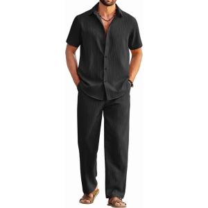 imageCOOFANDY Mens 2 Piece Outfits Casual Summer Beach Textured Button Down Shirt Loose Pants SetBlack
