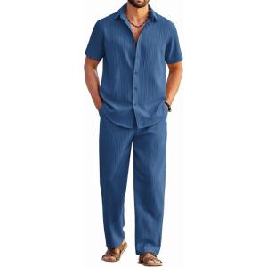 imageCOOFANDY Mens 2 Piece Outfits Casual Summer Beach Textured Button Down Shirt Loose Pants SetBlue