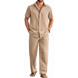 imageCOOFANDY Mens 2 Piece Outfits Casual Summer Beach Textured Button Down Shirt Loose Pants SetKhaki