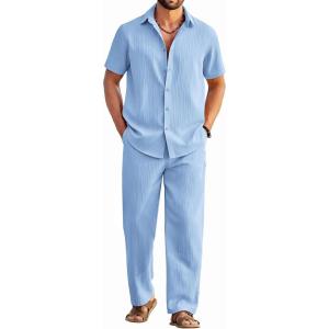 imageCOOFANDY Mens 2 Piece Outfits Casual Summer Beach Textured Button Down Shirt Loose Pants SetLight Blue