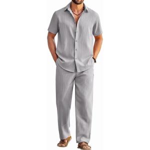 imageCOOFANDY Mens 2 Piece Outfits Casual Summer Beach Textured Button Down Shirt Loose Pants SetLight Grey