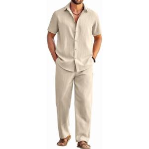 imageCOOFANDY Mens 2 Piece Outfits Casual Summer Beach Textured Button Down Shirt Loose Pants SetLight Khaki