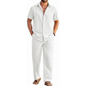 imageCOOFANDY Mens 2 Piece Outfits Casual Summer Beach Textured Button Down Shirt Loose Pants SetWhite