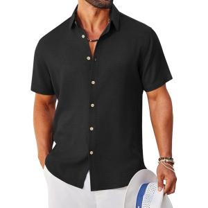 imageCOOFANDY Mens Button Down Shirt Short Sleeve Casual Shirts Linen Textured Summer Beach ShirtsBlack