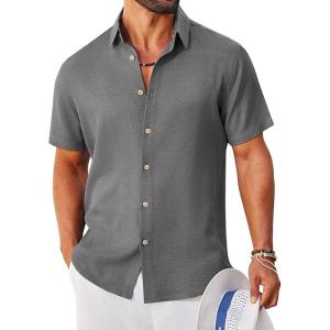 imageCOOFANDY Mens Button Down Shirt Short Sleeve Casual Shirts Linen Textured Summer Beach ShirtsDark Grey