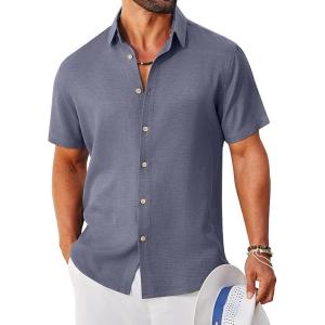 imageCOOFANDY Mens Button Down Shirt Short Sleeve Casual Shirts Linen Textured Summer Beach ShirtsGrey Blue