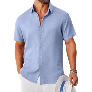 imageCOOFANDY Mens Button Down Shirt Short Sleeve Casual Shirts Linen Textured Summer Beach ShirtsLight Blue