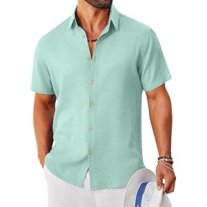 imageCOOFANDY Mens Button Down Shirt Short Sleeve Casual Shirts Linen Textured Summer Beach ShirtsSage Green