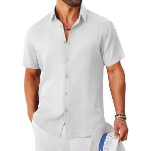 imageCOOFANDY Mens Button Down Shirt Short Sleeve Casual Shirts Linen Textured Summer Beach ShirtsWhite