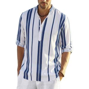 imageCOOFANDY Mens Cotton Linen Henley TShirt Long Sleeve Hippie Casual Beach TShirtsDark Blue Stripes