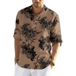 imageCOOFANDY Mens Cotton Linen Henley TShirt Long Sleeve Hippie Casual Beach TShirtsDark Khaki Floral