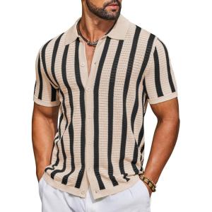 imageCOOFANDY Mens Knit Shirts Short Sleeve Button Down Polo Shirt Striped Casual Summer Beach ShirtsApricot  Black