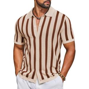 imageCOOFANDY Mens Knit Shirts Short Sleeve Button Down Polo Shirt Striped Casual Summer Beach ShirtsApricot  Caramel