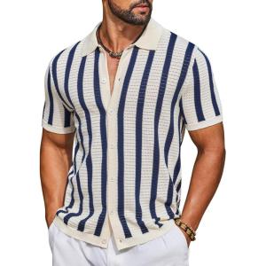 imageCOOFANDY Mens Knit Shirts Short Sleeve Button Down Polo Shirt Striped Casual Summer Beach ShirtsBeige  Navy Blue