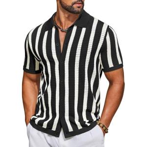 imageCOOFANDY Mens Knit Shirts Short Sleeve Button Down Polo Shirt Striped Casual Summer Beach ShirtsBlack  Beige