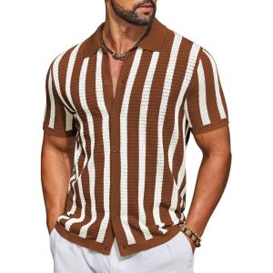 imageCOOFANDY Mens Knit Shirts Short Sleeve Button Down Polo Shirt Striped Casual Summer Beach ShirtsCaramel  Beige