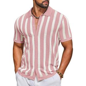 imageCOOFANDY Mens Knit Shirts Short Sleeve Button Down Polo Shirt Striped Casual Summer Beach ShirtsDusty Pink  Beige