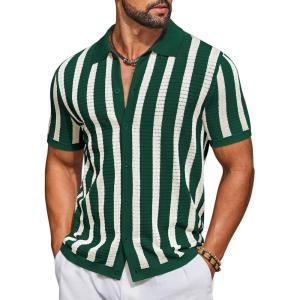 imageCOOFANDY Mens Knit Shirts Short Sleeve Button Down Polo Shirt Striped Casual Summer Beach ShirtsGreen  Beige