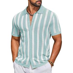 imageCOOFANDY Mens Knit Shirts Short Sleeve Button Down Polo Shirt Striped Casual Summer Beach ShirtsIce Green  White