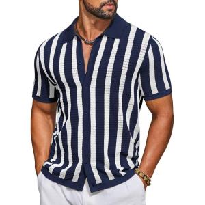 imageCOOFANDY Mens Knit Shirts Short Sleeve Button Down Polo Shirt Striped Casual Summer Beach ShirtsNavy Blue  White