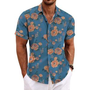 imageCOOFANDY Mens Linen Shirts Short Sleeve Casual Shirts Button Down Shirt for Men Beach Summer Wedding ShirtFloral Paintinggrey Blue