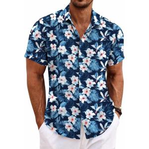 imageCOOFANDY Mens Linen Shirts Short Sleeve Casual Shirts Button Down Shirt for Men Beach Summer Wedding ShirtFloraldeep Blue White
