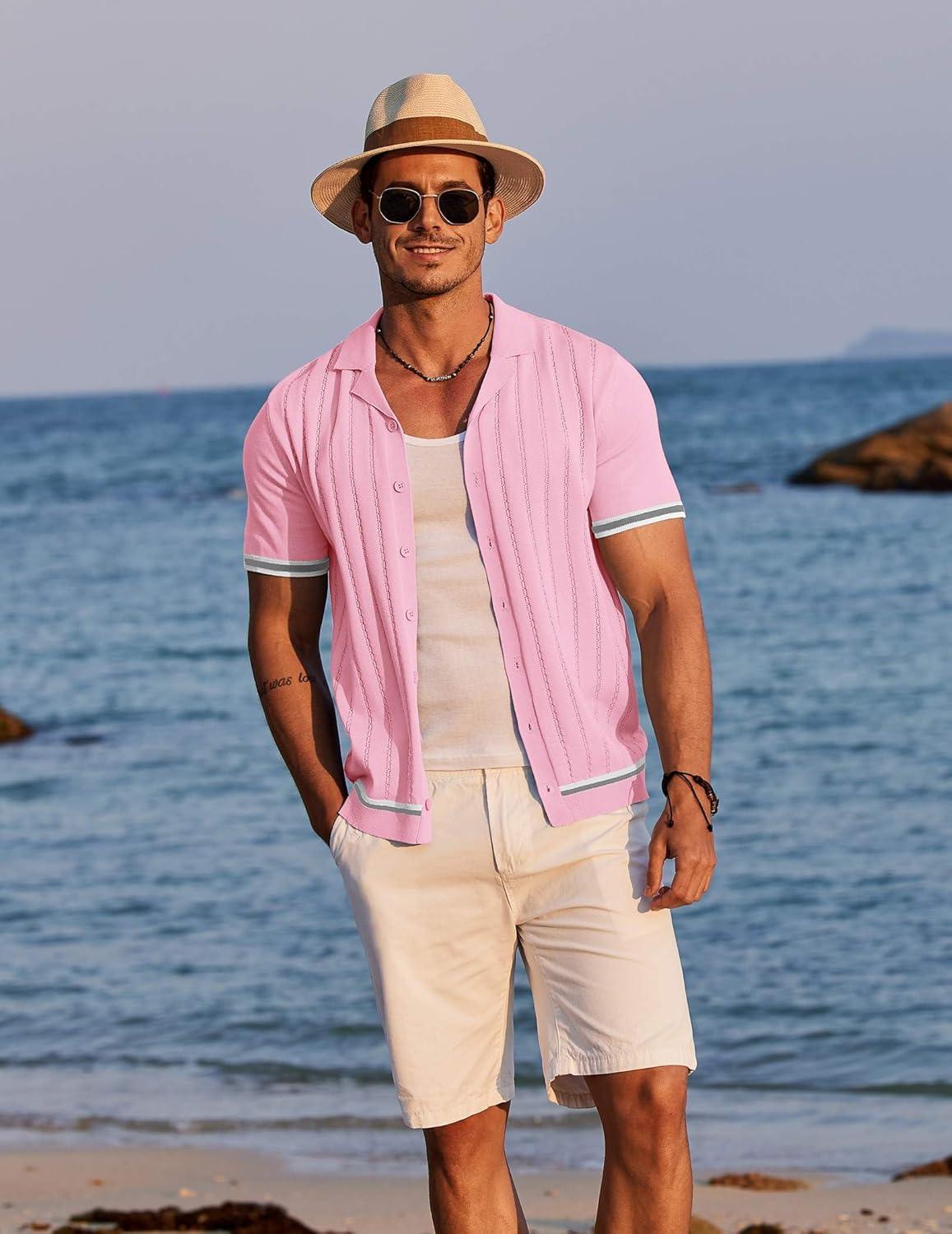 imageCOOFANDY Mens Short Sleeve Knit Shirt Casual Button Down Shirt Vintage Striped Knitted Golf Beach TopsCoral Pink