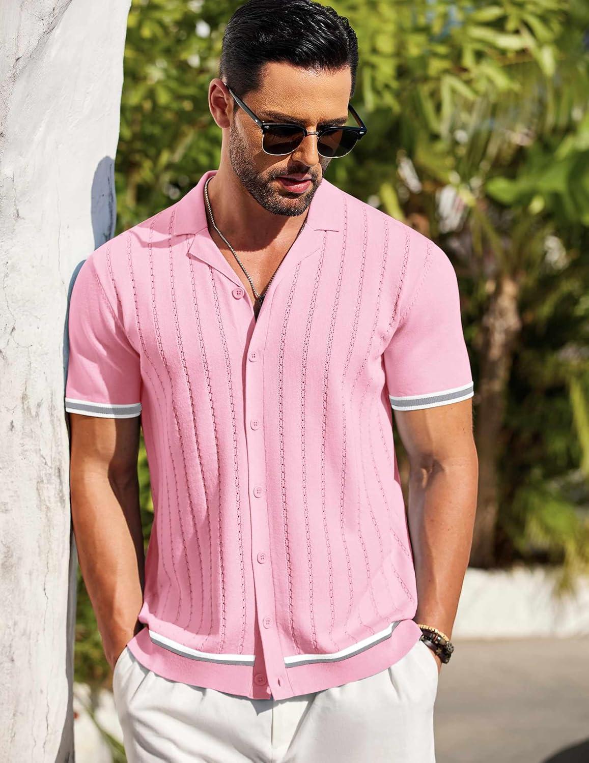 imageCOOFANDY Mens Short Sleeve Knit Shirt Casual Button Down Shirt Vintage Striped Knitted Golf Beach TopsCoral Pink