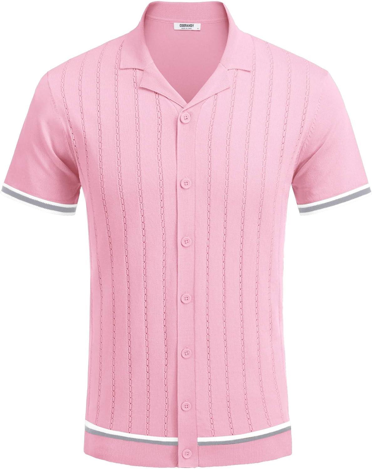 imageCOOFANDY Mens Short Sleeve Knit Shirt Casual Button Down Shirt Vintage Striped Knitted Golf Beach TopsCoral Pink
