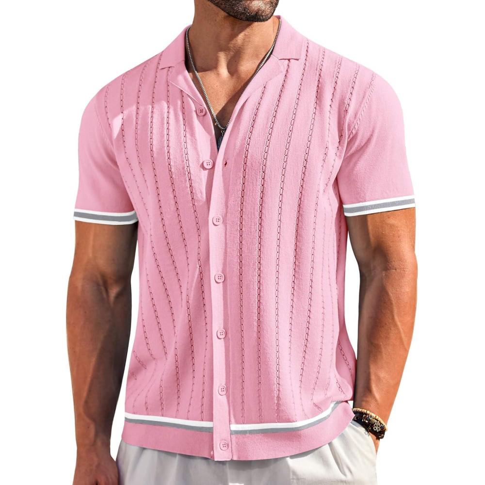 imageCOOFANDY Mens Short Sleeve Knit Shirt Casual Button Down Shirt Vintage Striped Knitted Golf Beach TopsCoral Pink