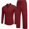 imageCOOFANDY Mens 2 Piece Cotton Sets Casual Long Sleeve Cuban Henley Shirt and Loose Pants Set Beach Vacation OutfitsWine Red