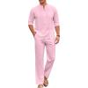 imageCOOFANDY Mens 2 Piece Cotton Sets Casual Long Sleeve Cuban Henley Shirt and Loose Pants Set Beach Vacation OutfitsDark Pink