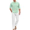 imageCOOFANDY Mens 2 Piece Cotton Sets Casual Long Sleeve Cuban Henley Shirt and Loose Pants Set Beach Vacation OutfitsLight Green Shirts White Pants