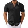 imageCOOFANDY Mens Knit Short Sleeve Shirts Button Down Vintage Knitted Polo Shirt Casual Beach Crochet Cable Vacation ShirtBlackwhite