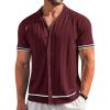 imageCOOFANDY Mens Short Sleeve Knit Shirt Casual Button Down Shirt Vintage Striped Knitted Golf Beach TopsDark Red