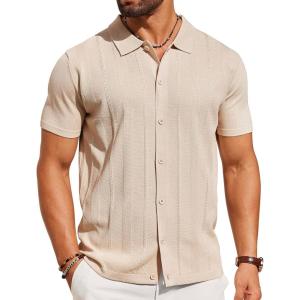 imageCOOFANDY Mens Knit Short Sleeve Button Down Polo ShirtsCream