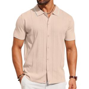imageCOOFANDY Mens Knit Short Sleeve Button Down Polo ShirtsCream White