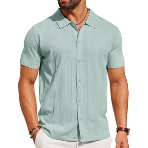 imageCOOFANDY Mens Knit Short Sleeve Button Down Polo ShirtsIce Green