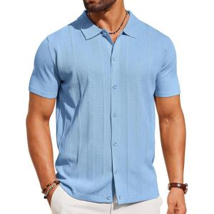 imageCOOFANDY Mens Knit Short Sleeve Button Down Polo ShirtsLight Blue