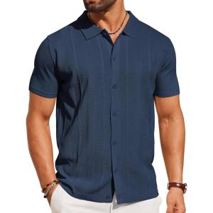 imageCOOFANDY Mens Knit Short Sleeve Button Down Polo ShirtsNavy Blue