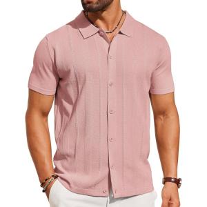 imageCOOFANDY Mens Knit Short Sleeve Button Down Polo ShirtsPink