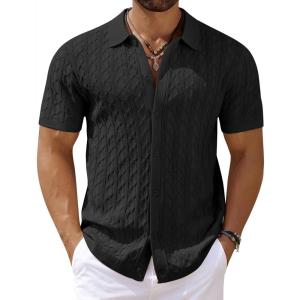 imageCOOFANDY Mens Knit Short Sleeve Shirts Button Down Vintage Knitted Polo Shirt Casual Beach Crochet Cable Vacation ShirtBlack